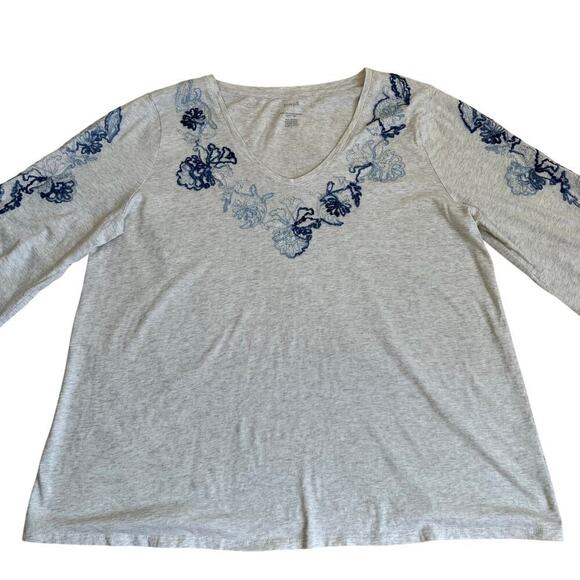 J. Jill PureJill Embroidered Jersey Top Cream Blue Puff Sleeve Peasant Blouse - Picture 10 of 16